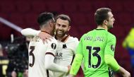 Soccer Football - Europa League - Quarter Final First Leg - Ajax Amsterdam v AS Roma - Johan Cruijff Arena, Amsterdam, Netherlands - April 8, 2021 AS Roma's Ibanez and Borja Mayoral celebrate after the match REUTERS/Piroschka Van De Wouw
