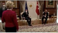 European Commission President Ursula von der Leyen stands as European Council President Charles Michel and Turkish President Tayyip Erdogan take seats in Ankara, Turkey April 6, 2021, in this screengrab obtained by Reuters. European Union/via Reuters TV 