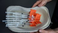 Syringes with AstraZeneca vaccine against the coronavirus disease (COVID-19) are pictured in Laakso hospital in Helsinki, Finland March 11, 2021. Picture taken March 11, 2021. REUTERS/Essi Lehto/File Photo