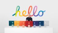 Apple CEO Tim Cook stands with the all-new iMac lineup, in this still image from the keynote video of a special event at Apple Park in Cupertino, California, U.S. released April 20, 2021. Apple Inc./Handout via REUTERS