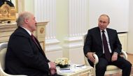 Russian President Vladimir Putin attends a meeting with his Belarusian counterpart Alexander Lukashenko in Moscow, Russia April 22, 2021. Sputnik/Mikhail Klimentyev