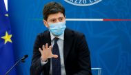Italy's Health Minister Roberto Speranza gestures as he speaks during a news conference where Italy's Prime Minister Mario Draghi (not pictured) is expected to map out the country's next moves in loosening coronavirus disease (COVID-19) restrictions, in R