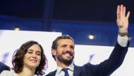 File photo: Isabel Diaz Ayuso, President of the Community of Madrid, stands next to Spain's People's Party (PP) leader Pablo Casado during a campaign closing rally ahead of general election, at Las Ventas bullring in Madrid, Spain November 8, 2019. Reuter