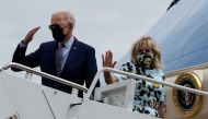 U.S. President Joe Biden boards Air Force One wiith first lady Jill Biden as they depart Washington on travel to Atlanta, Georgia at Joint Base Andrews, Maryland, U.S., Washington, U.S., April 29, 2021. REUTERS/Evelyn Hockstein