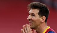 Barcelona's Lionel Messi reacts after Clement Lenglet is sent off REUTERS/Albert Gea/File Photo