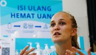 Jane Marlen von Rabenau, Chief Executive Officer & Co-founder of Siklus, a start-up company which refills household products in a bid to reduce plastic waste, speaks during an interview at her office in Jakarta, Indonesia, May 25, 2021. Picture taken May 