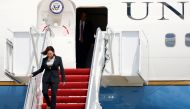 FILE PHOTO: U.S. Vice President Kamala Harris gets off the Air Force Two, after technical difficulties that made her change planes for her first international trip as Vice President to Guatemala and Mexico, at Joint Base Andrews, Maryland, U.S., June 6, 2