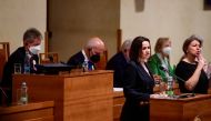 Belarusian opposition leader Sviatlana Tsikhanouskaya speaks at Czech Senate in Prague, Czech Republic, June 9, 2021. Roman Vondrous/Pool via Reuters