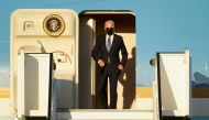 U.S. President Joe Biden arrives aboard the Air Force One ahead of a NATO summit, at Brussels Military Airport in Melsbroek, Belgium June 13, 2021. REUTERS/Kevin Lamarque
