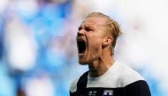 Finland's Joel Pohjanpalo celebrates a goal that is later disallowed Pool via REUTERS/Dmitri Lovetsky
