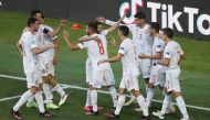 Soccer Football - Euro 2020 - Group E - Slovakia v Spain - La Cartuja Stadium, Seville, Spain - June 23, 2021 Spain's Pablo Sarabia celebrates scoring their third goal with teammates Pool via REUTERS/Julio Munoz
