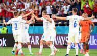 Soccer Football - Euro 2020 - Round of 16 - Netherlands v Czech Republic - Puskas Arena, Budapest, Hungary - June 27, 2021 Czech Republic's Tomas Soucek celebrates with teammates after the match Pool via REUTERS/Bce1
