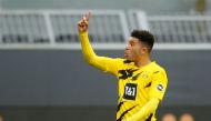 Borussia Dortmund's Jadon Sancho celebrates after the match Pool via REUTERS/Leon Kuegeler