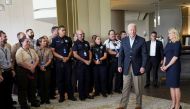 U.S. President Joe Biden and first lady Jill Biden meet rescue teams and first responders on the building collapse in Surfside in Miami, Florida U.S., July 1, 2021. REUTERS/Kevin Lamarque
