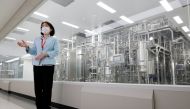 Kim Soo-jin, senior vice president of Hanmi Pharm speaks during an interview with Reuters at a bio plant factory in Pyeongtaek, South Korea, July 1, 2021. Picture taken July 1, 2021. REUTERS/Heo Ran