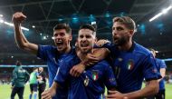 Soccer Football - Euro 2020 - Semi Final - Italy v Spain - Wembley Stadium, London, Britain - July 6, 2021 Italy's Jorginho with teammates celebrate after winning the penalty shoot-out Pool via REUTERS/Carl Recine
