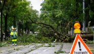 A view of a tree that fell on the overhead wire of a tram line during thunderstorms and torrential rain in Zurich, Switzerland July 13, 2021. REUTERS/Arnd Wiegmann