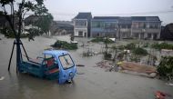 A flooded village is seen in Dongqiao town of Ningbo, Zhejiang province, as Typhoon In-fa lashes the coastal regions in China July 25, 2021. Picture taken July 25, 2021. cnsphoto via REUTERS