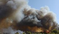 Smoke rises over trees as a wildfire burns at the village of Labiri, near Patras, Greece, July 31, 2021. (Intimenews via REUTERS)