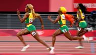Elaine Thompson-Herah of Jamaica, Shelly-Ann Fraser-Pryce of Jamaica and Shericka Jackson of Jamaica in action Reuters/Dylan Martinez 