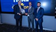 Concacaf President Victor Montagliani presenting a memento to Sheikh Hamad bin Khalifa bin Ahmed Al Thani, President of the Qatar Football Association during a meeting held on the sidelines of the 2021 Gold Cup final in Las Vegas. Hassan Al Thawadi, Secre