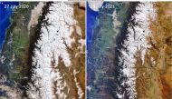 FILE PHOTO: A combination of images, acquired by one of the Copernicus Sentinel-3 satellites, shows the snow deficit affecting the Andes Mountain range in South America. Pictures taken July 27, 2020 and July 29, 2021. European Union, Copernicus Sentinel-3