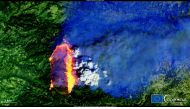 A satellite picture of Caldor Fire raging across California, U.S., August 17, 2021, in this handout photo obtained by Reuters on August 25, 2021. Courtesy of European Union, Copernicus Sentinel-2 Imagery/Processed By DG DEFIS/Handout via REUTERS