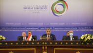 Iraqi Prime Minister Mustafa Al Kadhimi speaks during the Baghdad summit in Baghdad, Iraq, yesterday. 