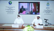H E Saad Sherida Al Kaabi, Minister of State for Energy Affairs, in his capacity as the current President of the Arab Ministerial Water Council, signing the MoU.