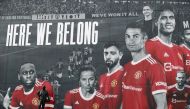 A picture of Cristiano Ronaldo with teammates is seen on the outside of Old Trafford REUTERS/Phil Noble