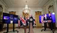 US President Joe Biden delivers remarks on a National Security Initiative virtually with Australian Prime Minister Scott Morrison and British Prime Minister Boris Johnson, inside the East Room at the White House in Washington, U.S., September 15, 2021. Re