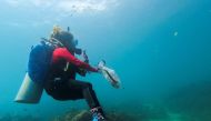Diving instructor Carmela Sevilla holds a mesh bag filled with trash during a cleanup drive in Bauan, Batangas Province, Philippines, September 18, 2021. REUTERS/Peter Blaza