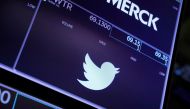 FILE PHOTO: The logo for Twitter is seen on the trading floor at the New York Stock Exchange (NYSE) in Manhattan, New York City, U.S., August 3, 2021. REUTERS/Andrew Kelly/File Photo
