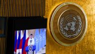 Philippines President Rodrigo Duterte speaks remotely during the 76th Session of the General Assembly at UN Headquarters in New York, U.S., September 21, 2021. Mary Altaffer/Pool via REUTERS