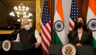 U.S. Vice President Kamala Harris delivers remarks beside Indian Prime Minister Narendra Modi inside the Eisenhower Executive Office Building at the White House in Washington, U.S., September 23, 2021. REUTERS/Elizabeth Frantz
