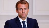 French President Emmanuel Macron gives a press conference with Greek Prime Minister during a signing ceremony of a new defence deal at The Elysee Palace in Paris, France September 28, 2021. Ludovic Marin/Pool via Reuters