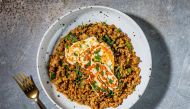 Leeks and Lentils with Fried Halloumi. Photo by Rey Lopez for The Washington Post.
