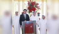 Sheikh Dr. Khalid bin Thani Al Thani, Second Deputy QBA, presenting a gift to UK Minister of State for International Trade and Parliamentary Under-Secretary H E Ranil Jayawardena in presence of  Sheikh Faisal bin Qassim Al Thani, Chairman of QBA and Husse