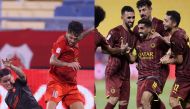 (Left) Al Rayyan's James Rodriguez and Al Duhail's Paulo Edmilson in action; and Al Sadd's Hassan Al Haydos celebrates with team-mates after scoring a goal.