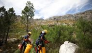 Members of a high altitude alien vegetation clearing team cut pine trees, high above the Franschhoek mountains near Cape Town, South Africa, October 7, 2021. Picture taken October 7, 2021. REUTERS/Mike Hutchings