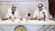H E Hamad bin Nasser Al Misnad (right), President of ACTA and Mohammed bin Hamad Al Hanzab, Chairman of the ICSS, signing the MoU, yesterday.