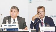 Turkish Ambassador to Qatar Dr. Mustafa Göksu (left), and Italy’s Ambassador Alessandro Prunas speaking to media in Doha, yesterday.