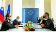 Deputy Prime Minister and Minister of Foreign Affairs H E Sheikh Mohammed bin Abdulrahman Al Thani meeting with Minister of Foreign Affairs of the Republic of Slovenia H E Dr. Anze Logar, in Ljubljana .