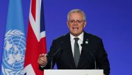 Australia's Prime Minister Scott Morrison speaks as National Statements are delivered as a part of the World Leaders' Summit at the UN Climate Change Conference (COP26) in Glasgow, Scotland, Britain November 1, 2021. Ian Forsyth/Pool via REUTERS