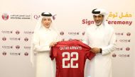 Qatar Airways Group Chief Executive H E Akbar Al Baker and Qatar Football Association President Sheikh Hamad bin Ahmed Al Thani after the sponsorship signing ceremony yesterday.
