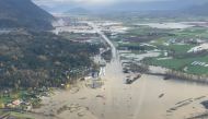 Flood waters cover the Trans Canada Highway 1, in an aerial view taken near Abbotsford, British Columbia, Canada, November 16, 2021. Picture taken November 16, 2021. BC Hydro via REUTERS