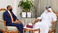 Qatar Chamber’s (QC) First Vice-Chairman Mohamed bin Ahmed bin Towar Al Kuwari during the meeting with the United Nations (UN) Under-Secretary-General and High Representative for the Least Developed Countries, Landlocked Developing Countries and Small Island Developing States H E Earle Courtenay Rattray, in Doha, yesterday. 