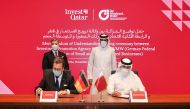 Minister of Commerce & Industry H E Sheikh Mohammed bin Hamad bin Qassim Al Thani witnessing the signing of MoU by Chief Executive Officer of IPA Qatar H E Sheikh Ali Alwaleed Al Thani and BVMW Executive Director Markus Jerger.