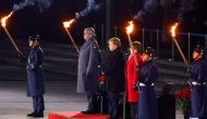 Germany's outgoing Chancellor Angela Merkel attends a Grand Tattoo of the German armed forces Bundeswehr at the Defence Ministry in Berlin, Germany, December 2, 2021. REUTERS/Fabrizio Bensch

