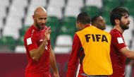 File photo of Palestine’s defensive midfielder Mohammed Rashid (left) gestures during the Group C match against Saudi Arabia